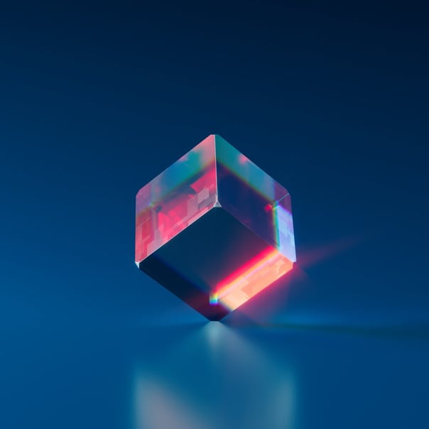 Crystal cube balanced on one end